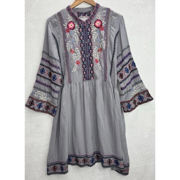 Johnny Was Workshop Women's Embroidered Gray Size Large Silk Dress READ - Picture 13 of 16